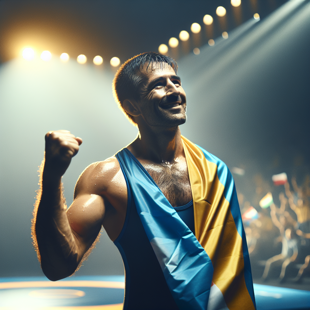 Нурлан Сагадиев празднует победу 8:3 на Исламиаде-2025 с флагом Казахстана на арене